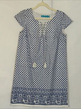 Tori Richard Shift Dress Size 6 Blue And White Print 100% Cotton EUC